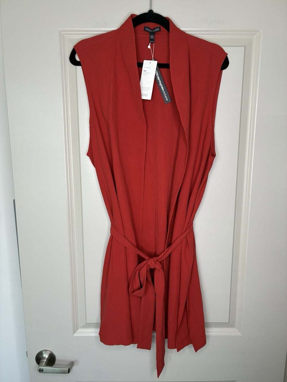 Eileen Fisher NWT Silk Sleeveless Belted Vest in Serrano Red Size XL Mid Length